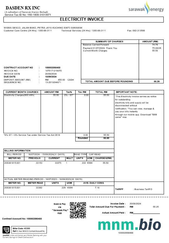 Malezja Sarawak Energy Business utility bill słowo i szablon PDF